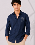 Navy Blue Cotton Shirt with Coffee Cup Embroidery