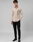 Elegant Beige Dragon Art Premium Cotton Satin Shirt