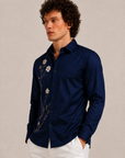 Royal Navy Blue Floral Vine Premium Satin Shirt