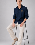 Royal Tiger Blue Embroidered Cotton Shirt