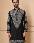 Men’s Black Floral Embroidered Short Kurta with Silver-Grey Detailing