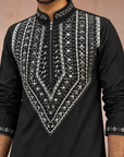 Men’s Black Embroidered Short Kurta with White Geometric Detailing
