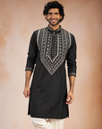Men’s Black Embroidered Short Kurta with White Geometric Detailing