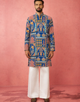 Men’s Royal Blue Heritage Printed Short Kurta