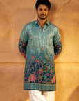 Men’s Teal Blue Floral designer Short Kurta designer