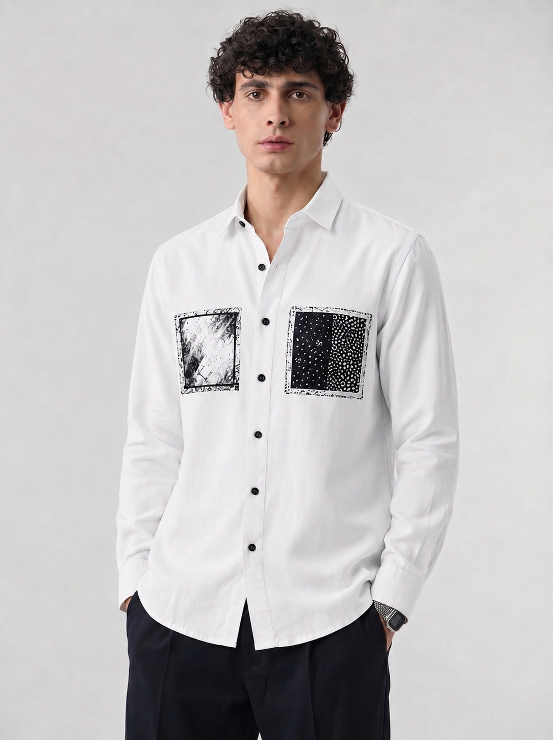 Pure White Abstract Dual Art Premium Satin Shirt