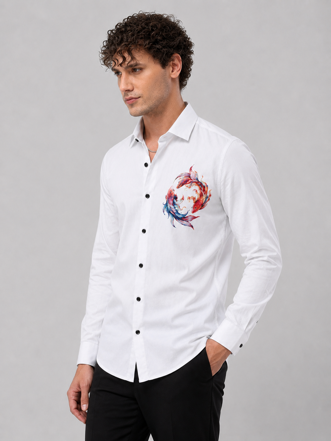 Pure White Koi Fish Art Premium Cotton Satin Shirt