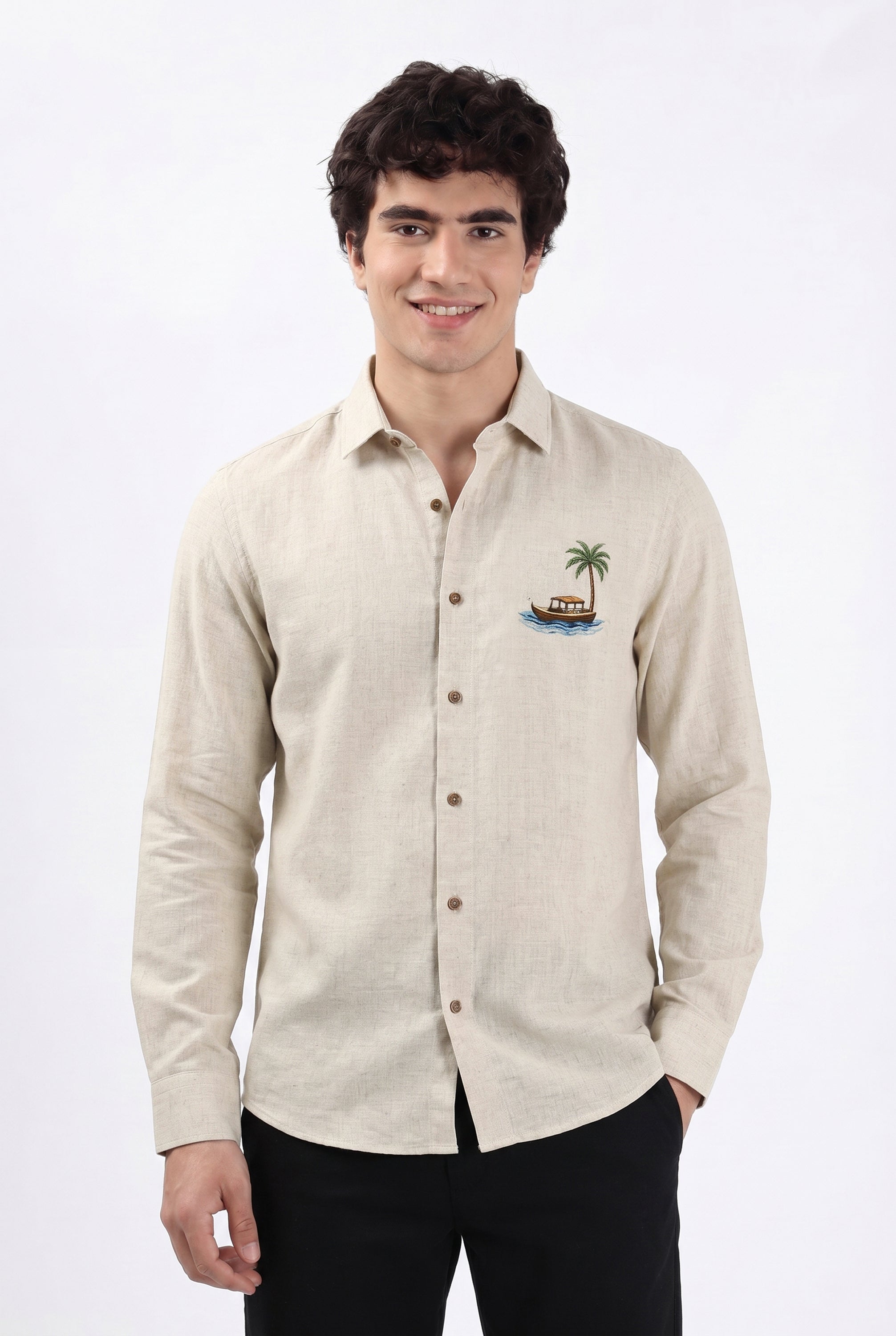Island Breeze Premium Beige  Embroidered Shirt