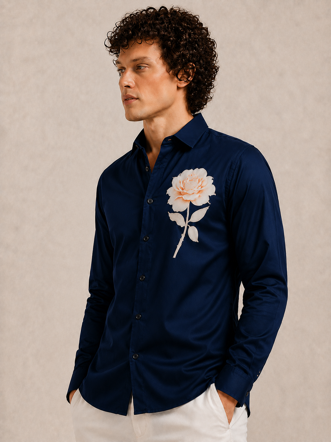 Royal Navy Blue Rose Art Premium Satin Shirt