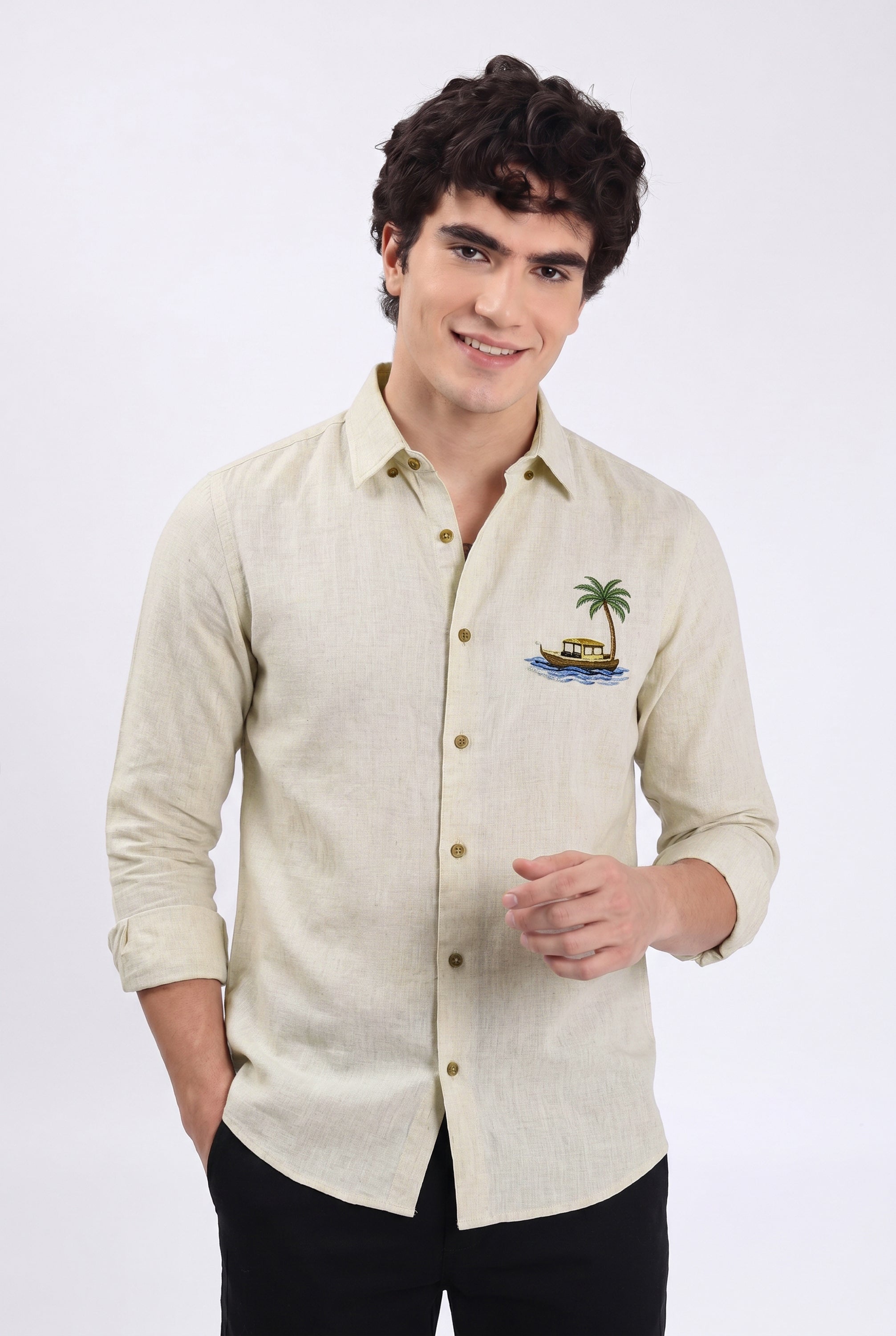 Island Breeze Premium Beige  Embroidered Shirt