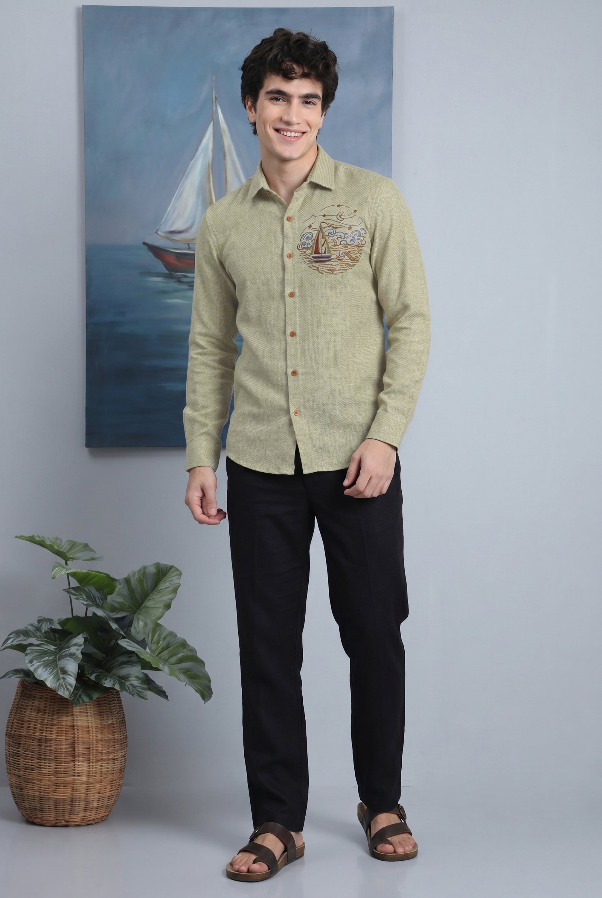 Ocean Voyage Sage Green Premium  Embroidered Shirt
