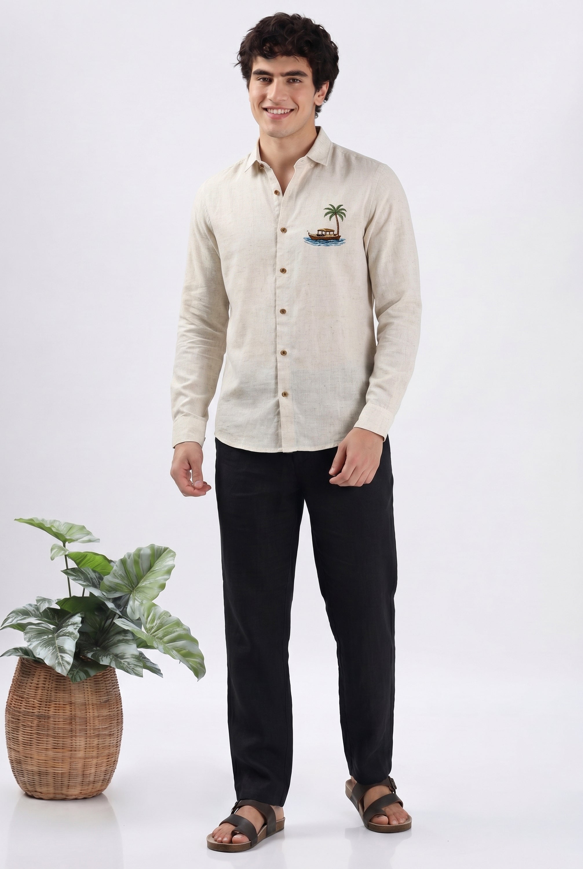 Island Breeze Premium Beige  Embroidered Shirt