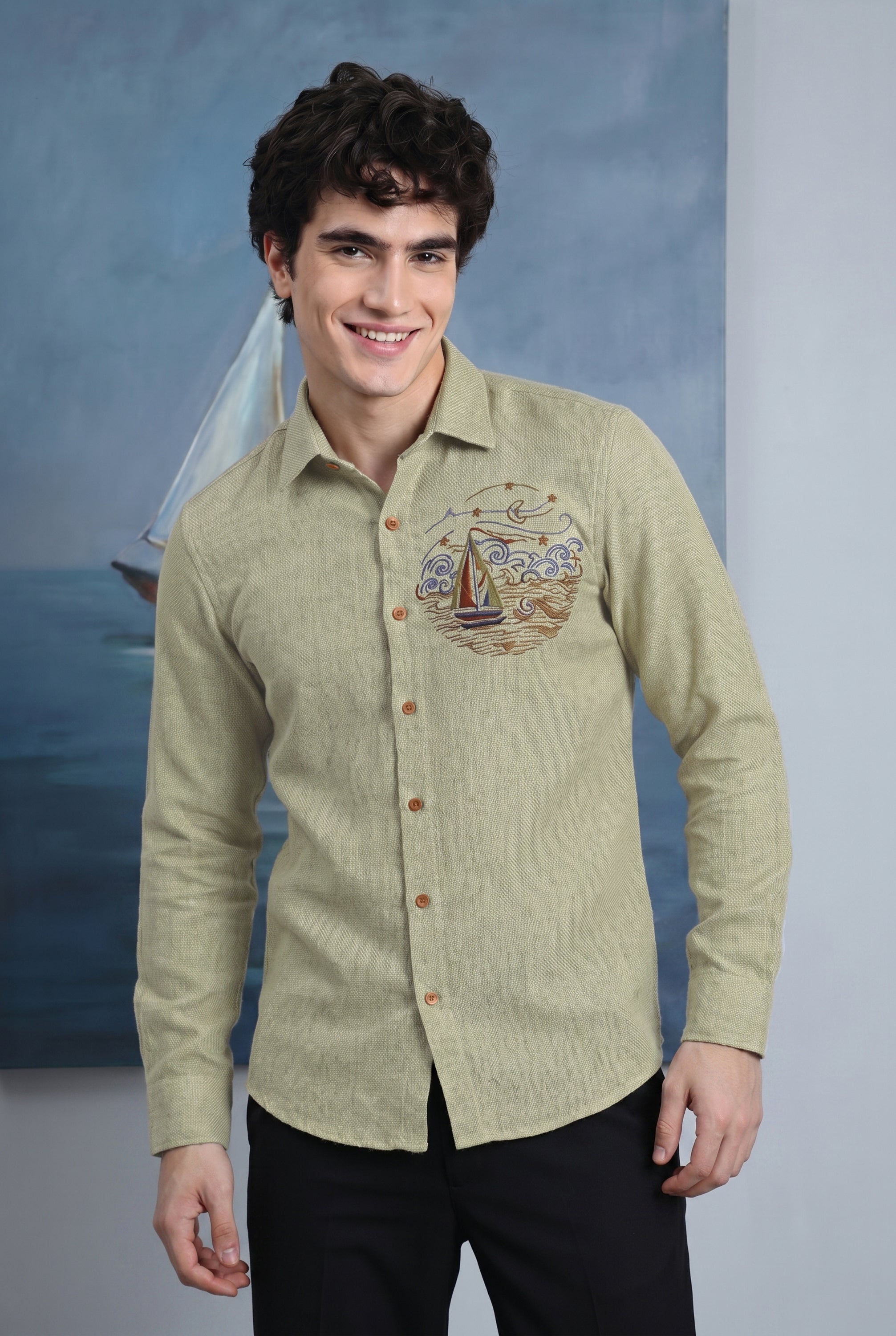 Ocean Voyage Sage Green Premium  Embroidered Shirt