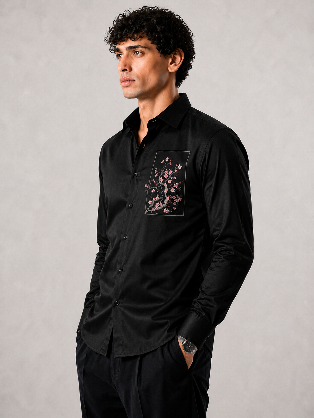 Midnight Black Sakura Blossom Premium Satin Designer Shirt