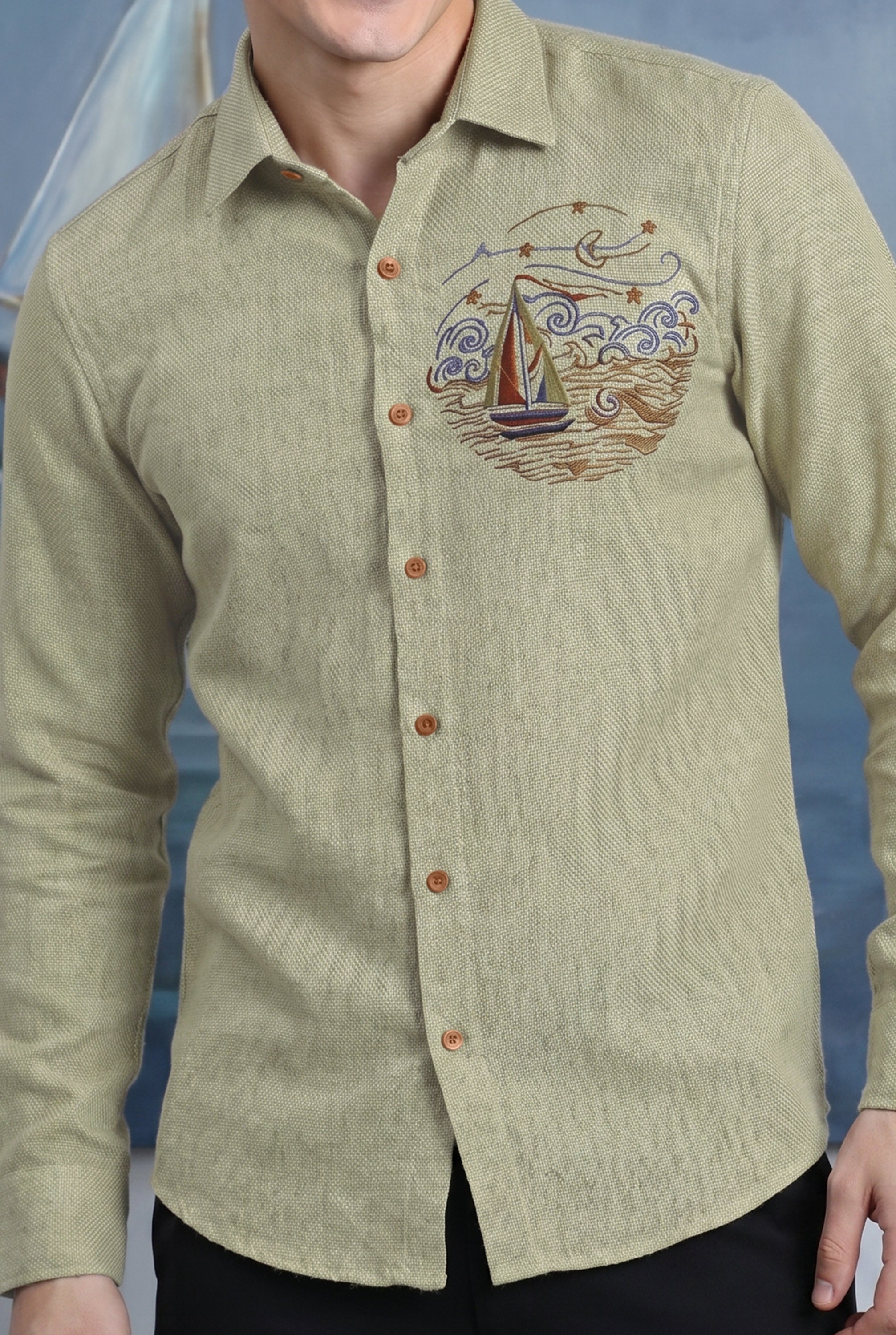 Ocean Voyage Sage Green Premium  Embroidered Shirt