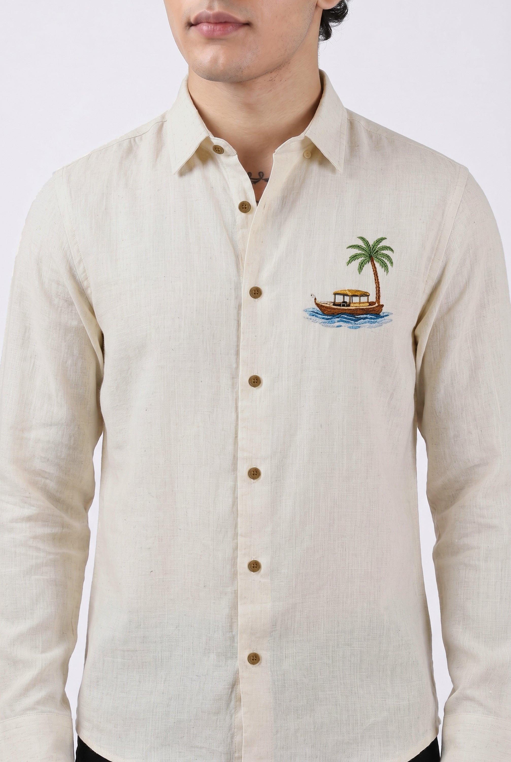 Island Breeze Premium Beige  Embroidered Shirt