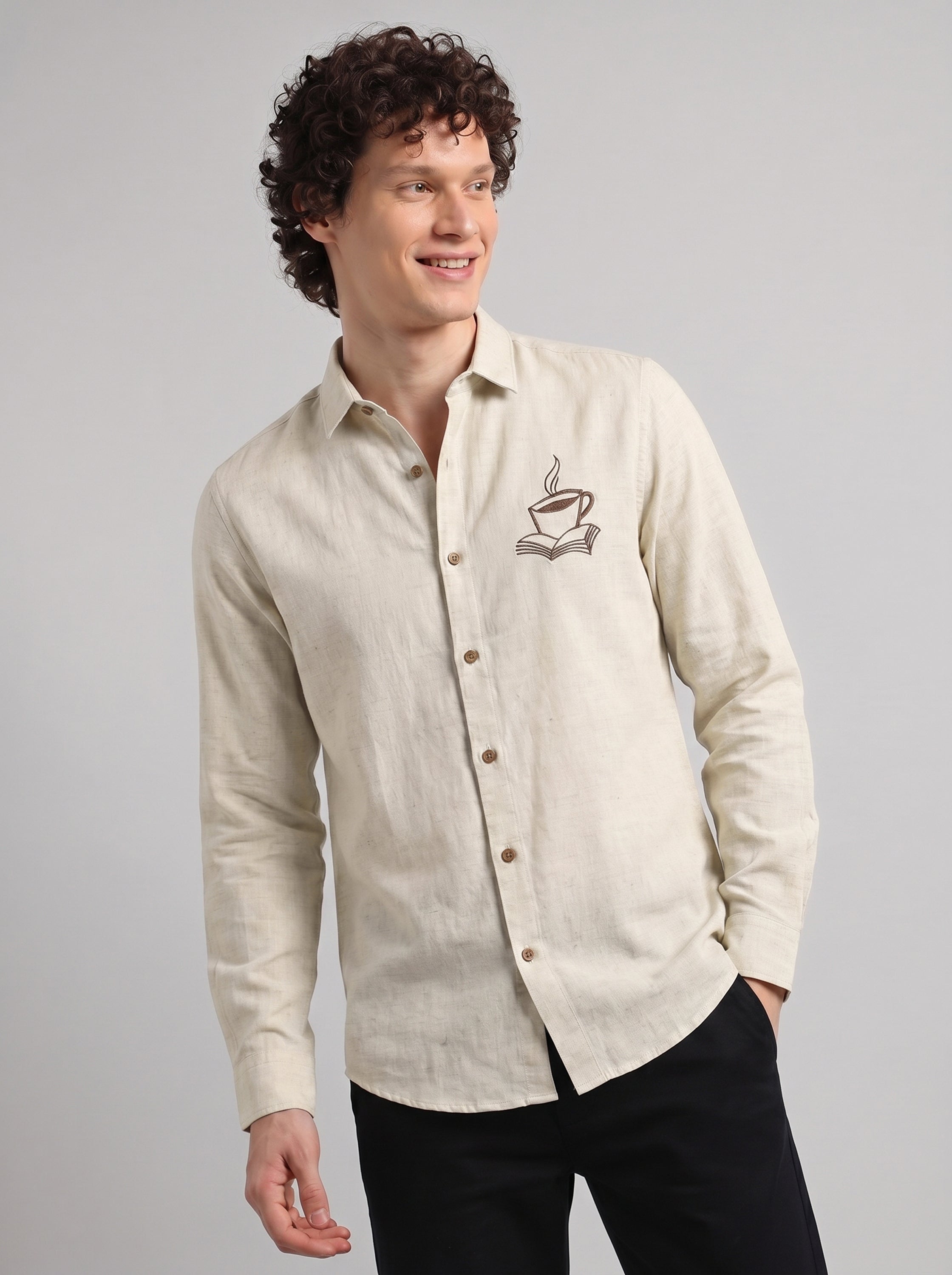 Coffee Tales Embroidery  Linen Shirt
