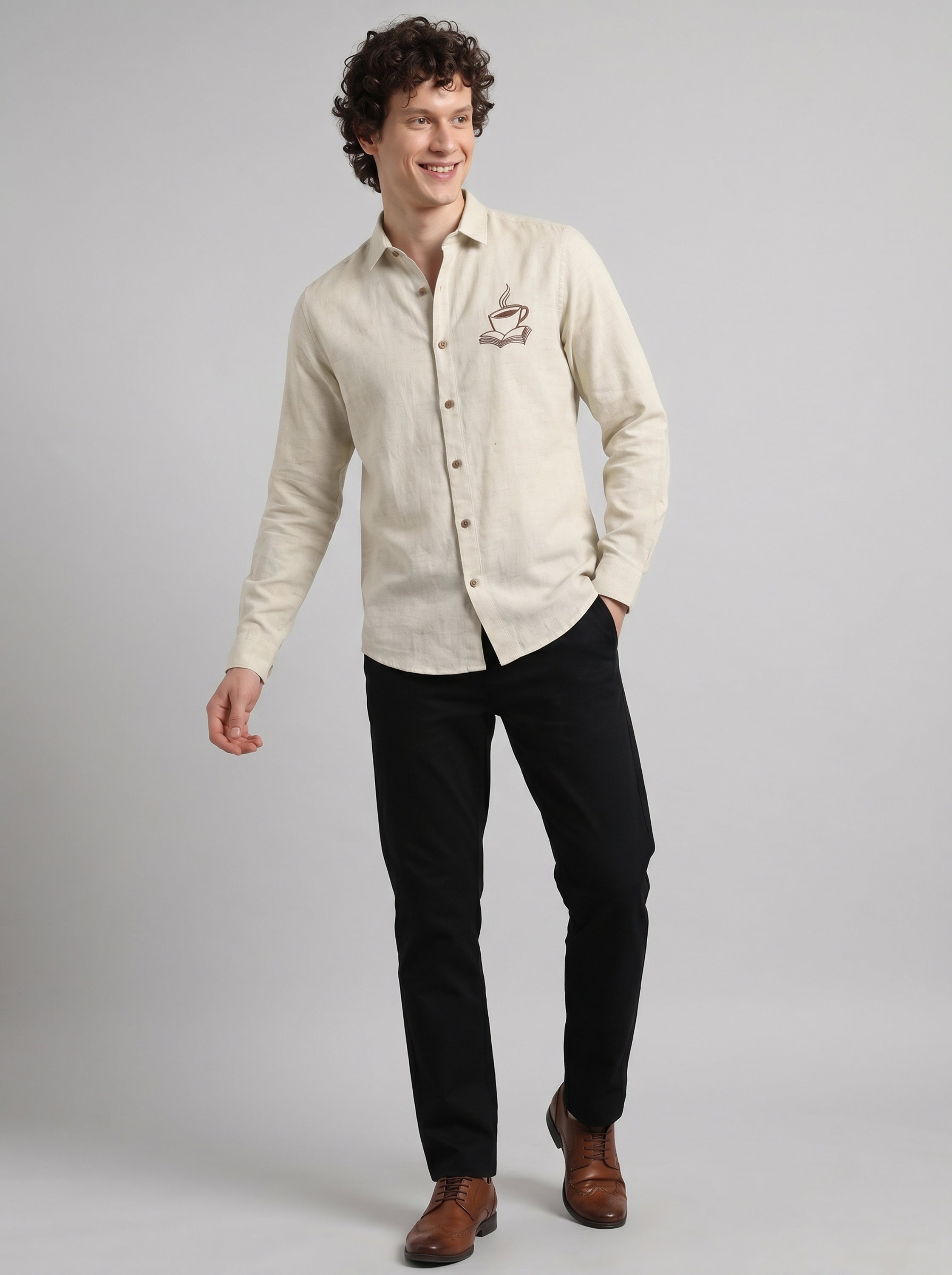Coffee Tales Embroidery  Linen Shirt