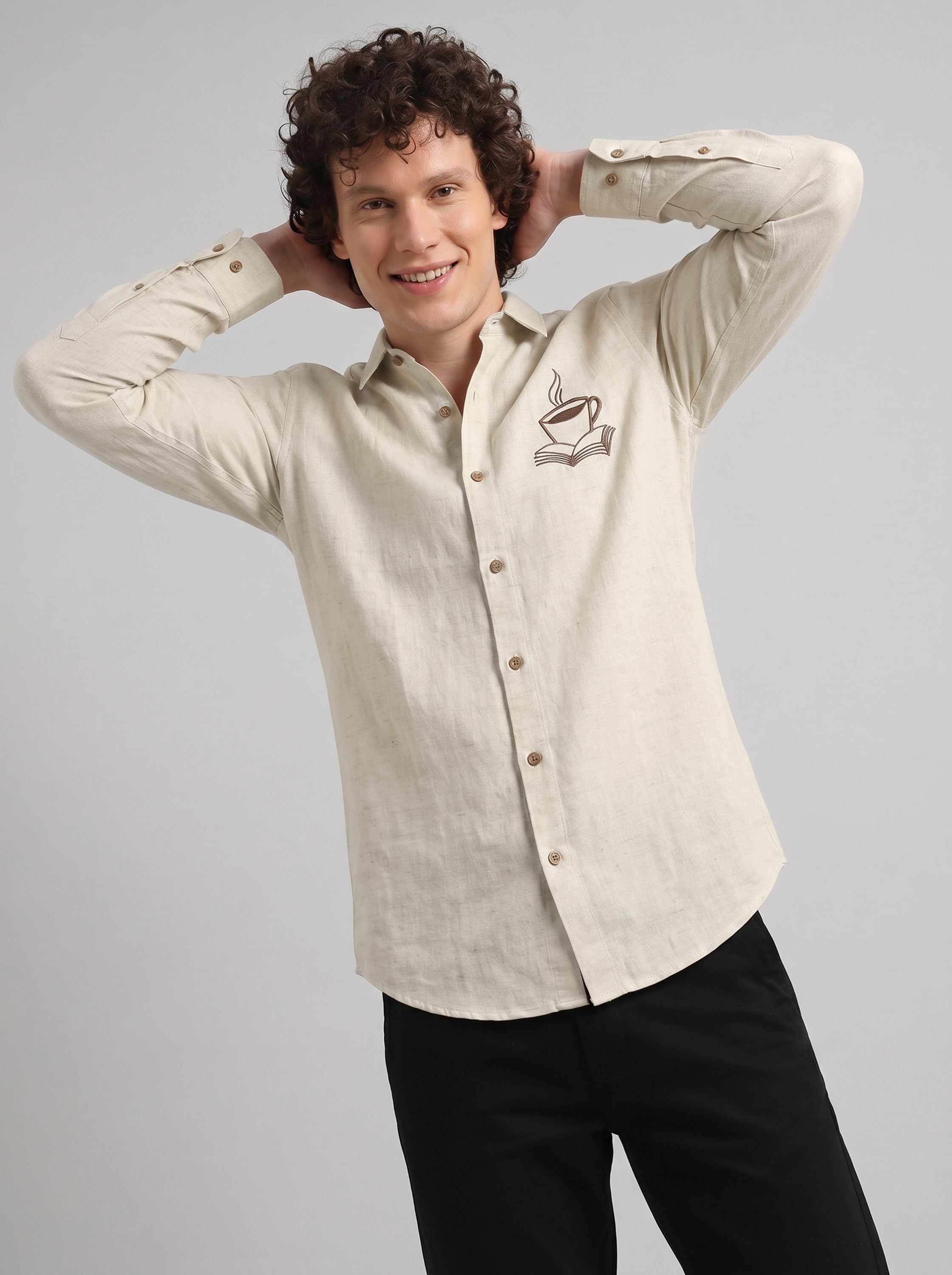 Coffee Tales Embroidery  Linen Shirt