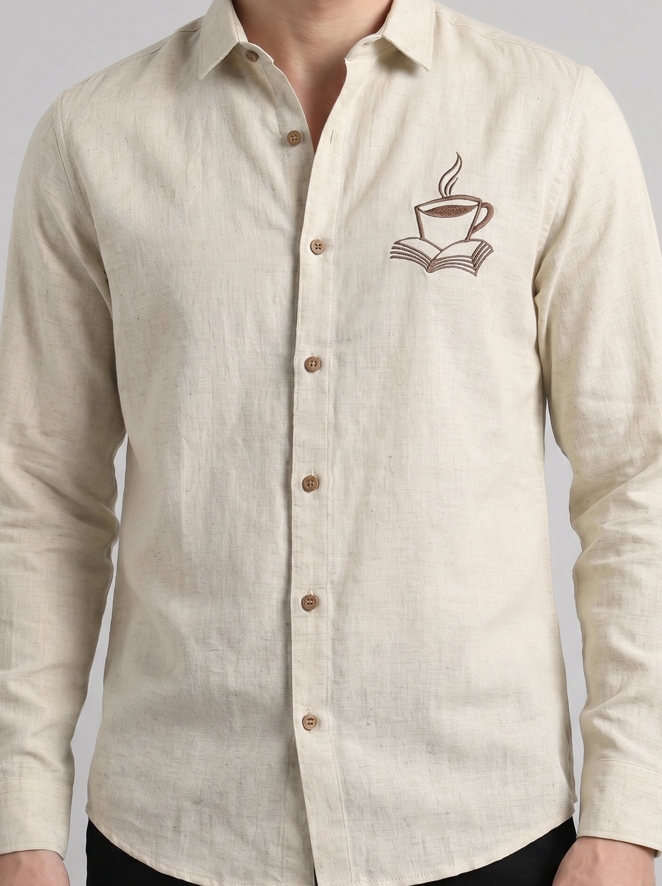 Coffee Tales Embroidery  Linen Shirt