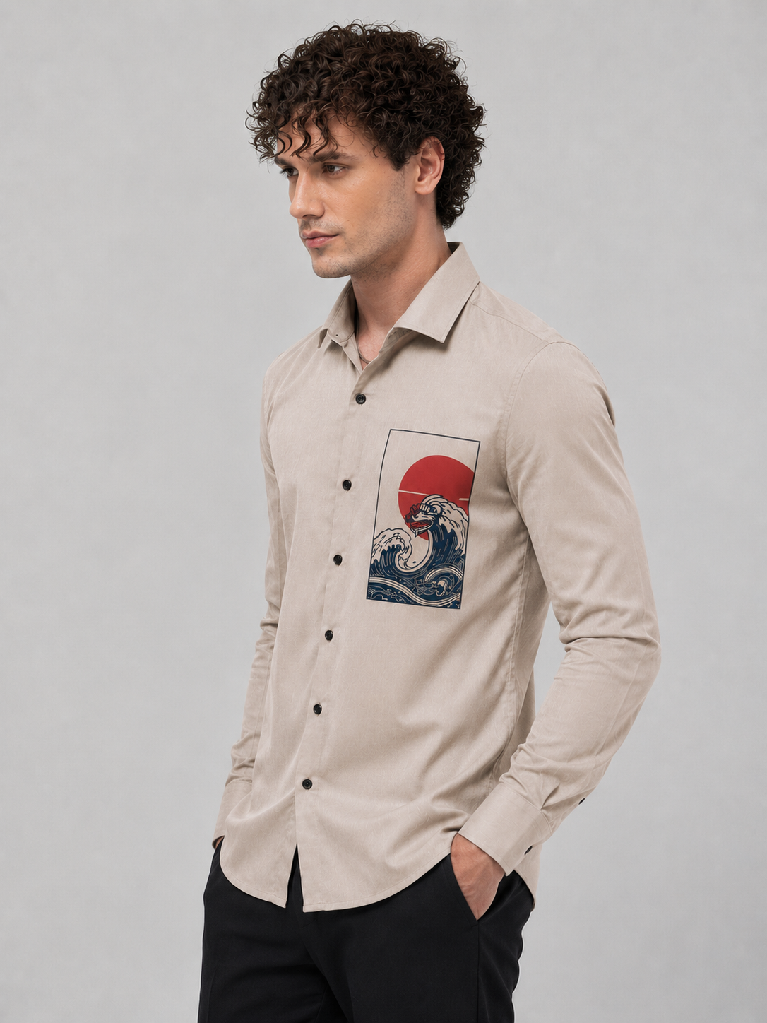 Beige Japanese Wave Art Premium Cotton Satin Shirt