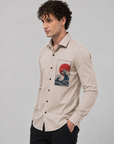 Beige Japanese Wave Art Premium Cotton Satin Shirt