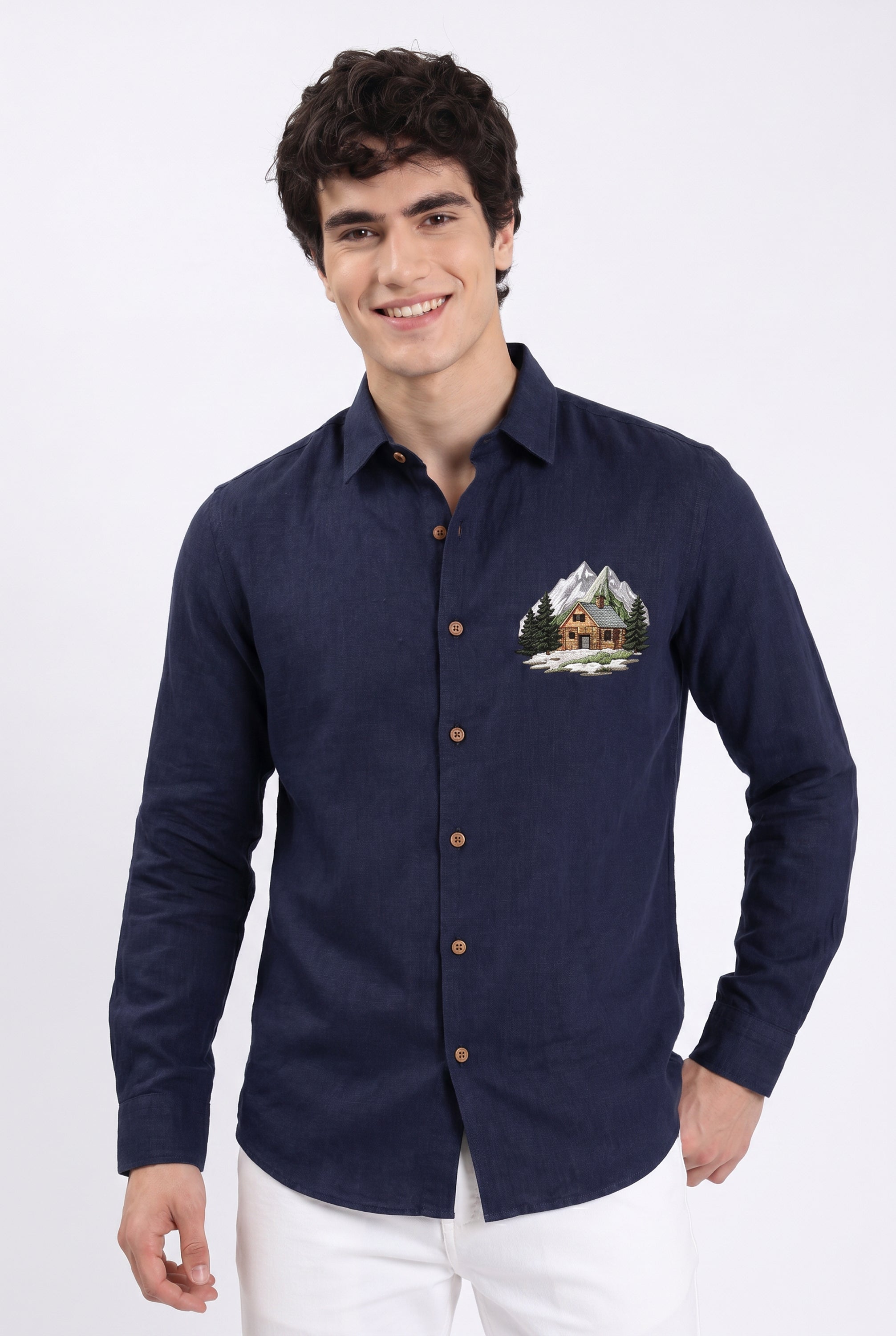 Mountain Lodge Premium Navy Blue  Embroidered Shirt