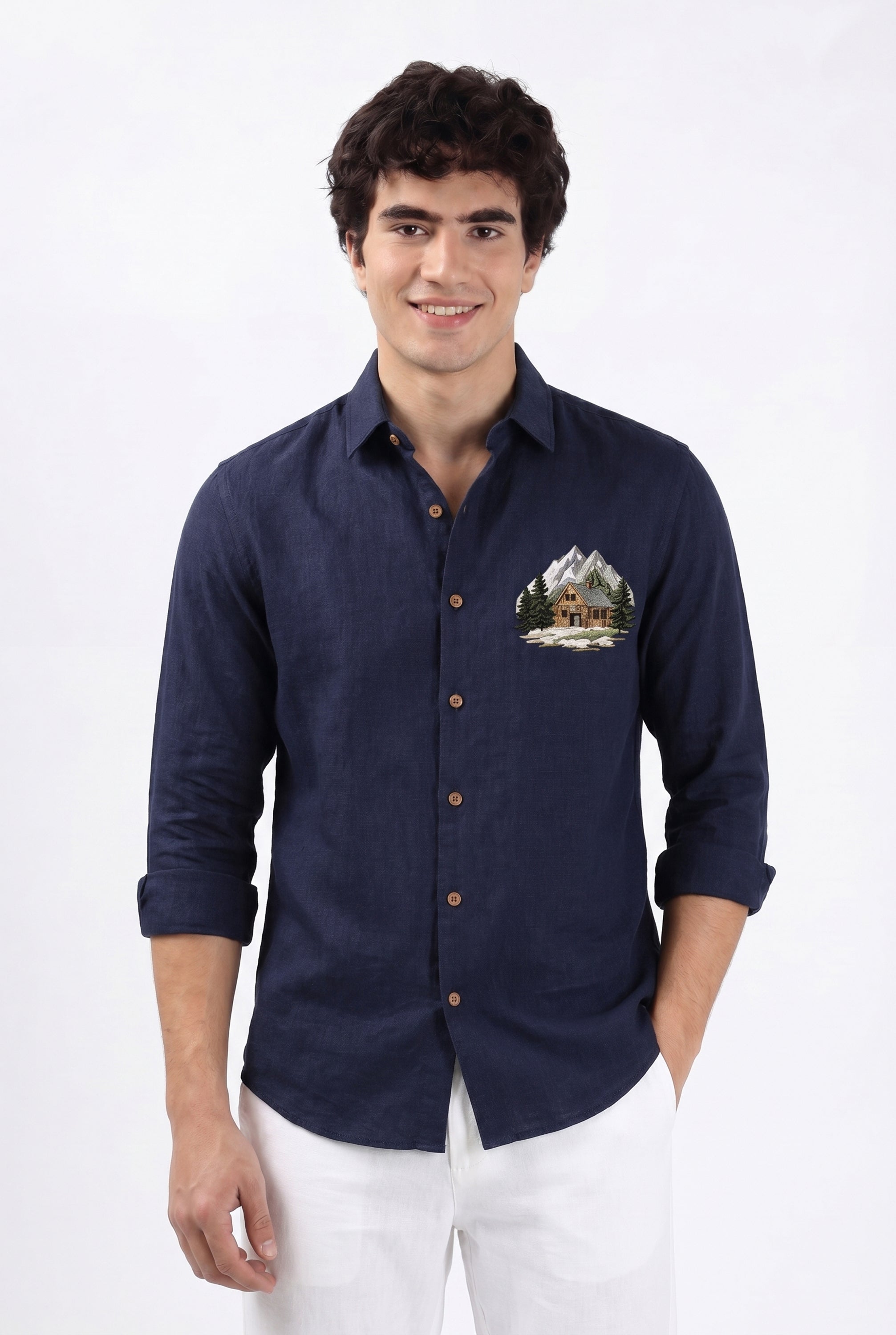 Mountain Lodge Premium Navy Blue  Embroidered Shirt