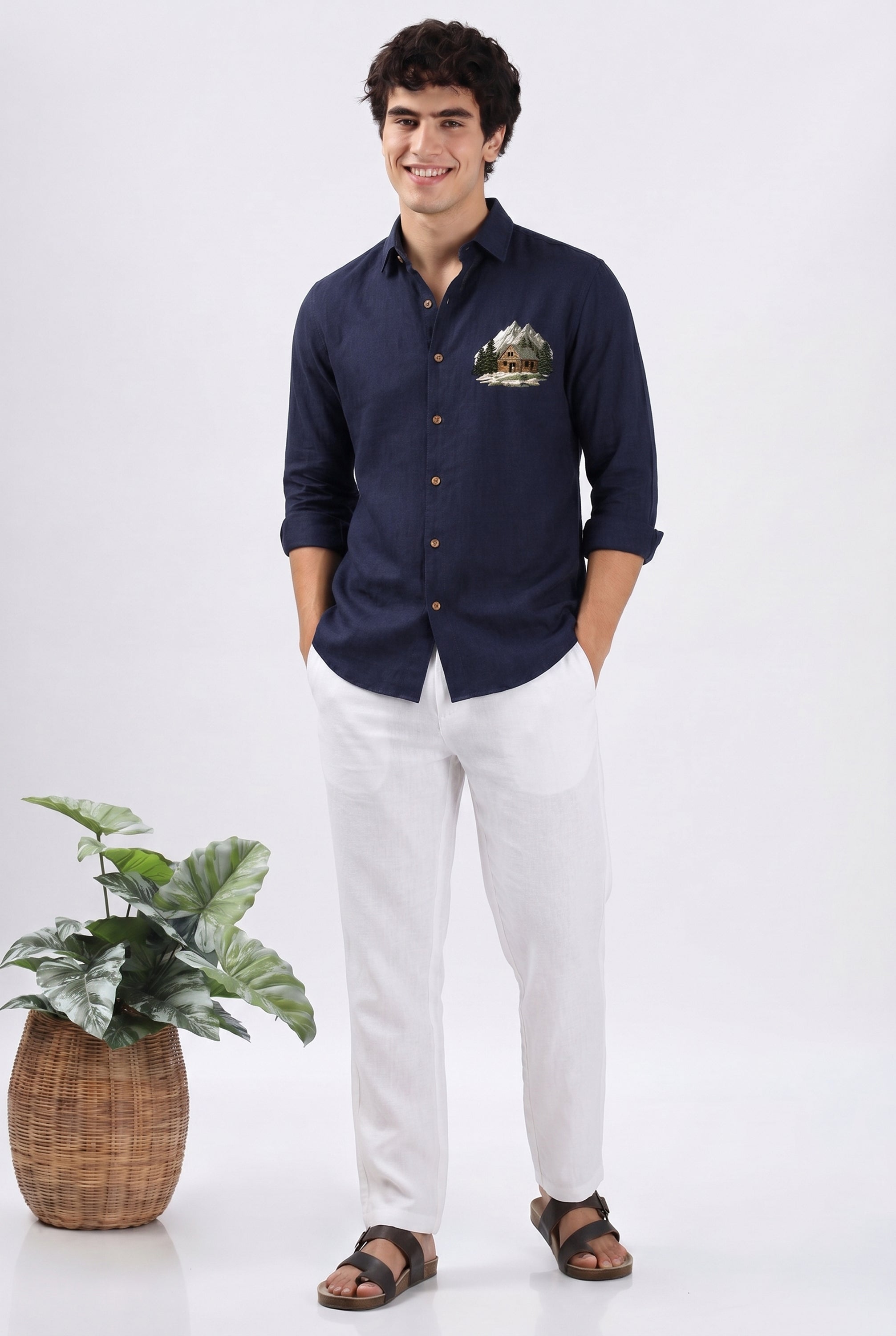 Mountain Lodge Premium Navy Blue  Embroidered Shirt