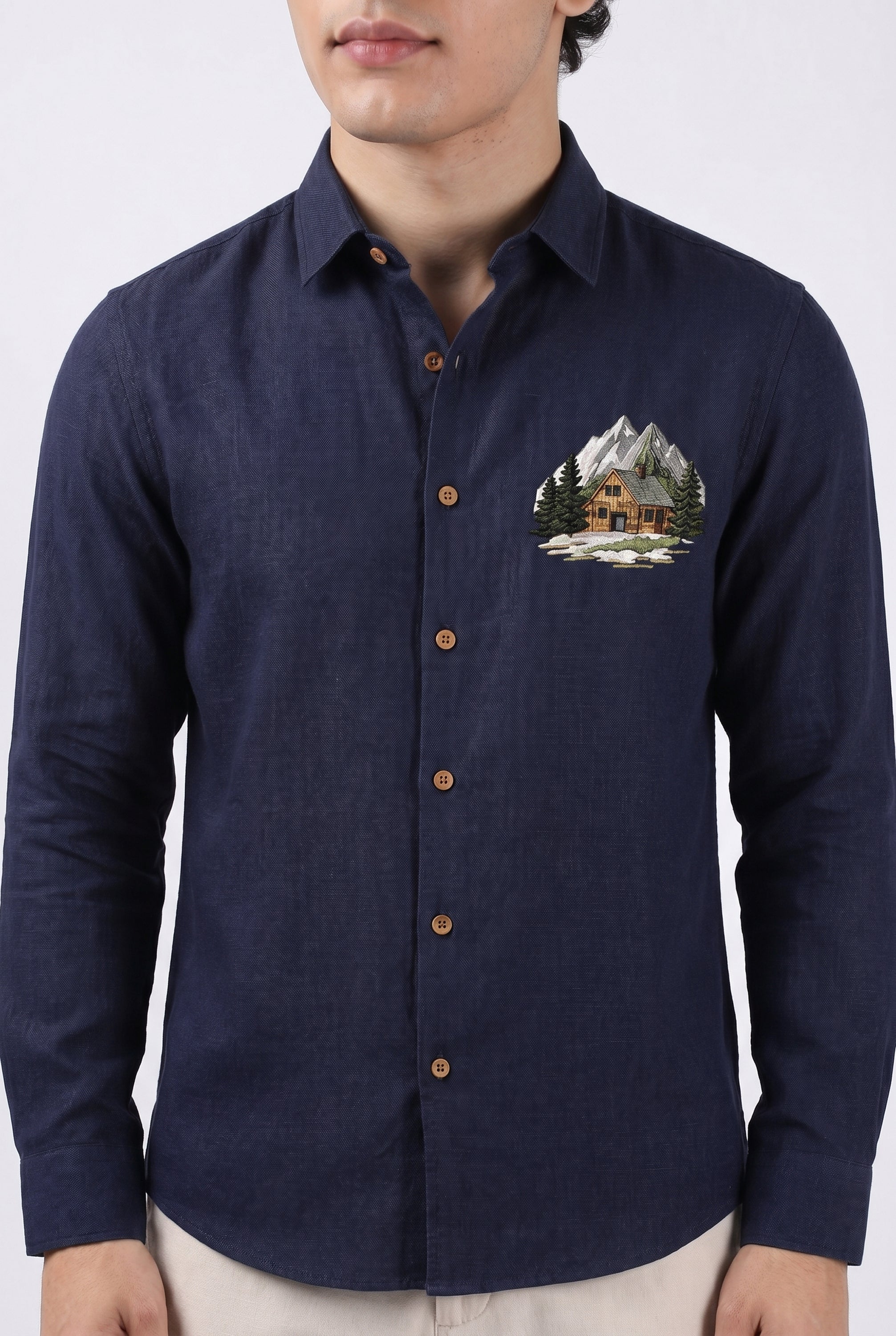 Mountain Lodge Premium Navy Blue  Embroidered Shirt