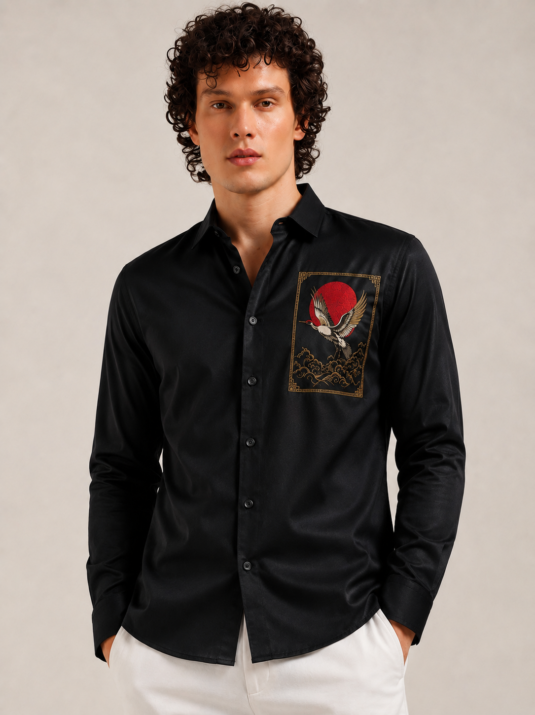 Midnight Black Crane Art Premium Satin Designer Shirt