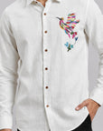 Rainbow Hummingbird Premium White  Embroidered Shirt