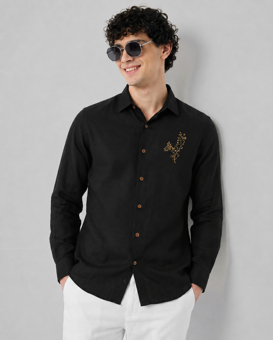 Midnight Bloom Embroidered Cotton Shirt