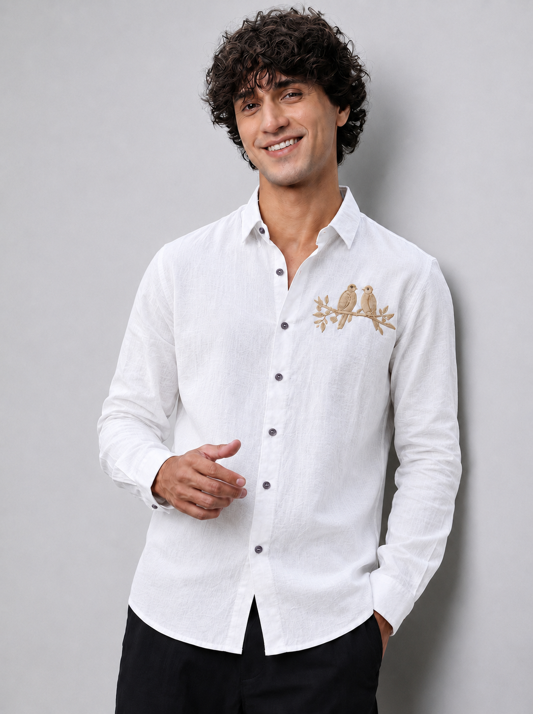 Golden Perch Embroidered Cotton Shirt