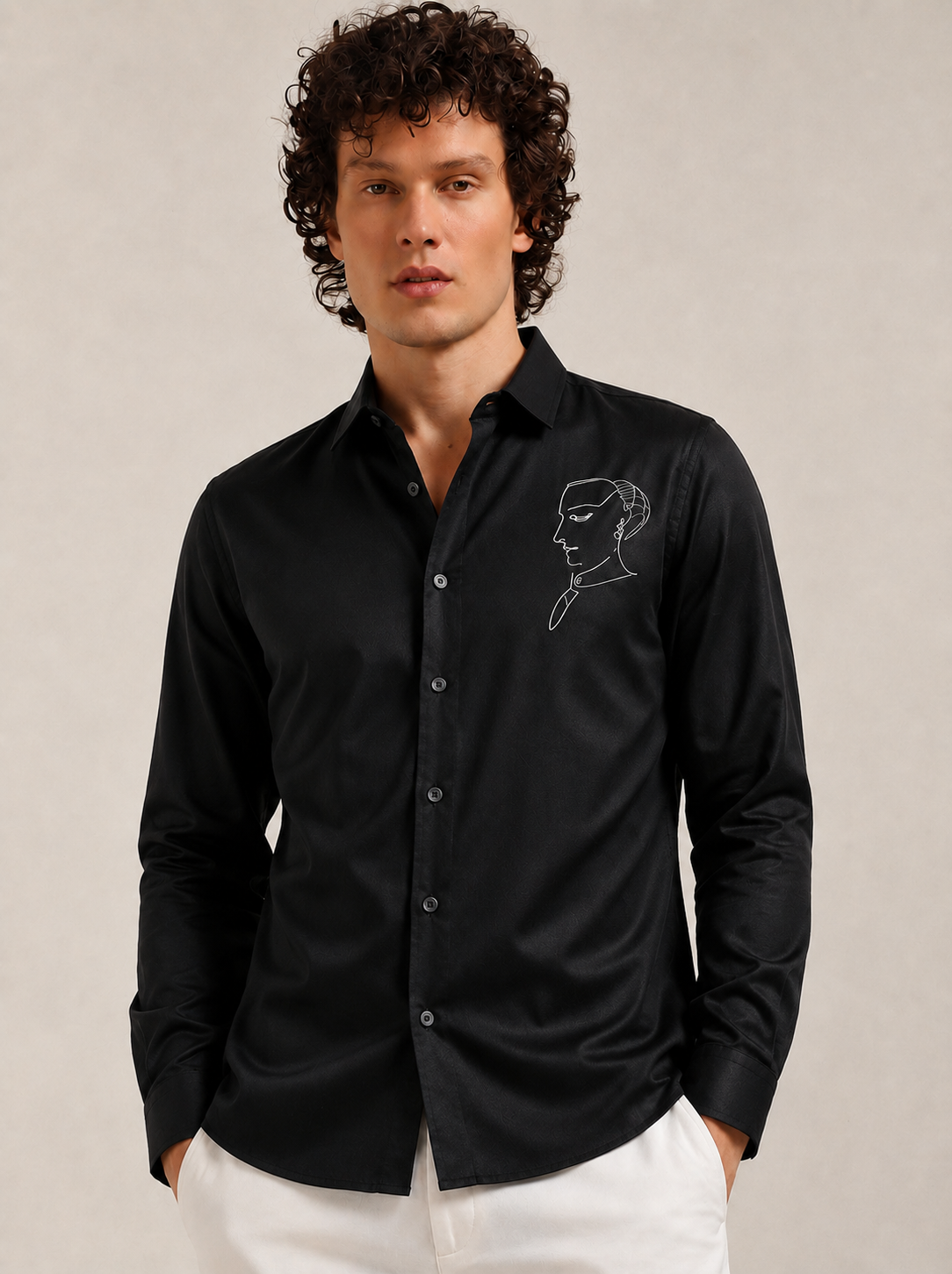 Midnight Black Minimal Face Art Premium Satin Shirt