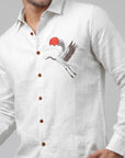 Crimson Sky Crane Premium White  Embroidered Shirt