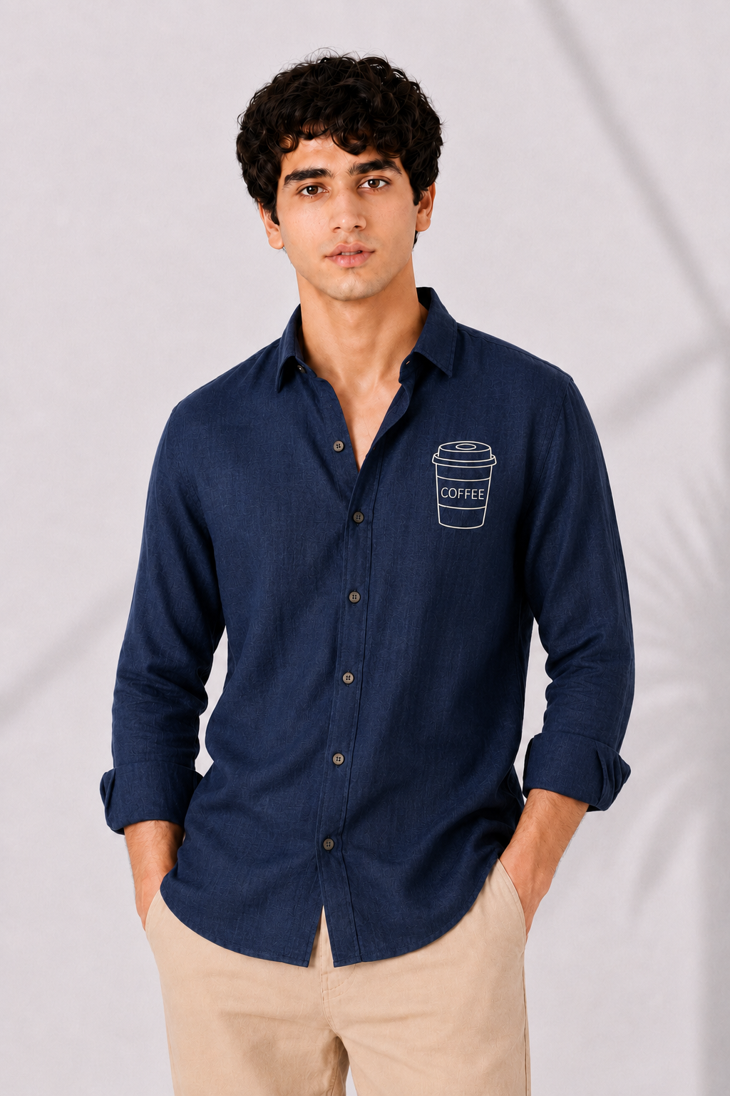 Navy Blue Cotton Shirt with Coffee Cup Embroidery