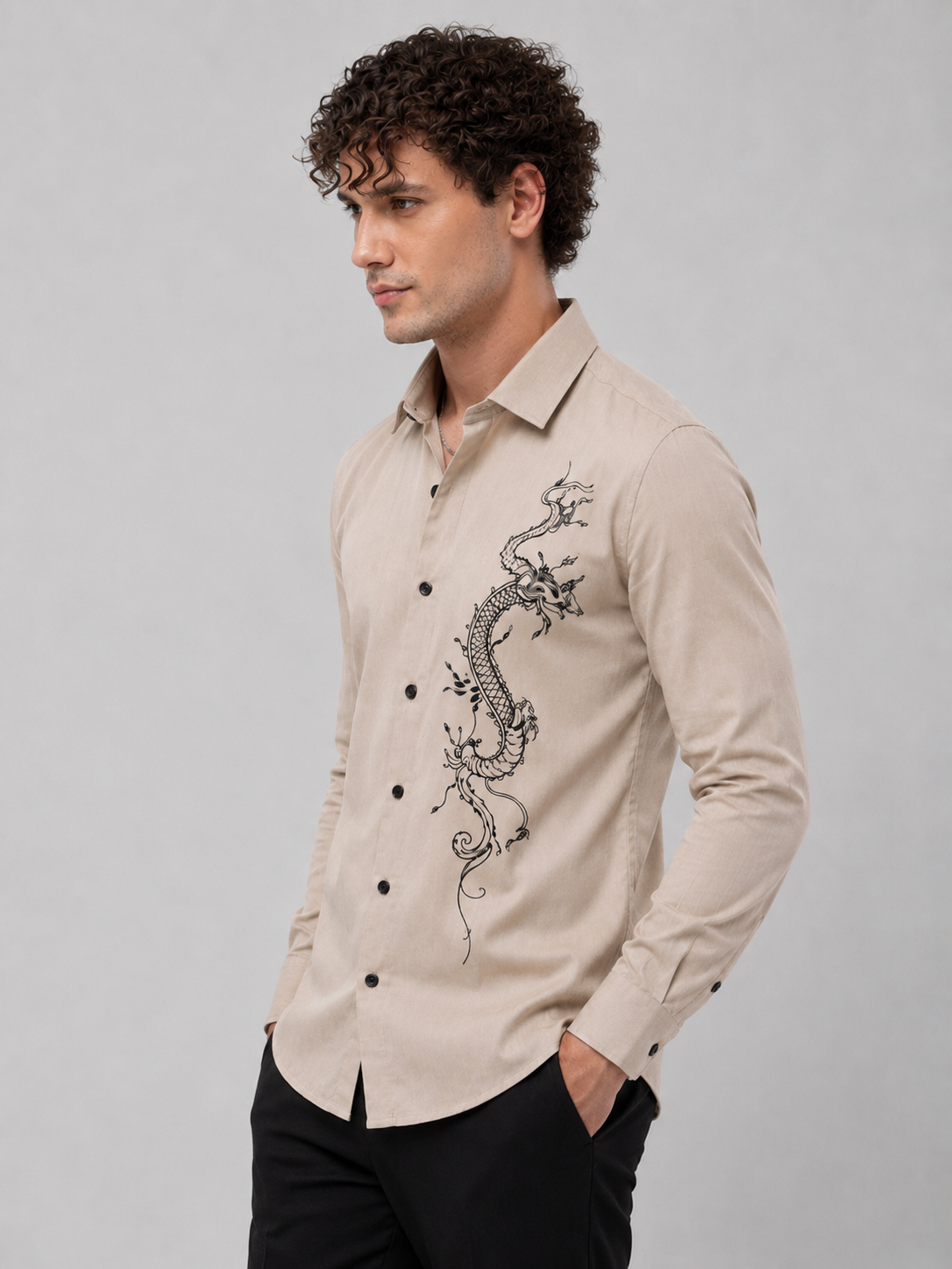 Elegant Beige Dragon Art Premium Cotton Satin Shirt