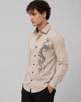 Elegant Beige Dragon Art Premium Cotton Satin Shirt