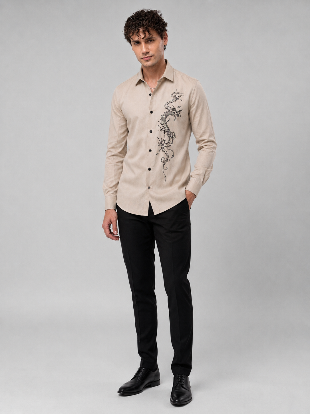 Elegant Beige Dragon Art Premium Cotton Satin Shirt