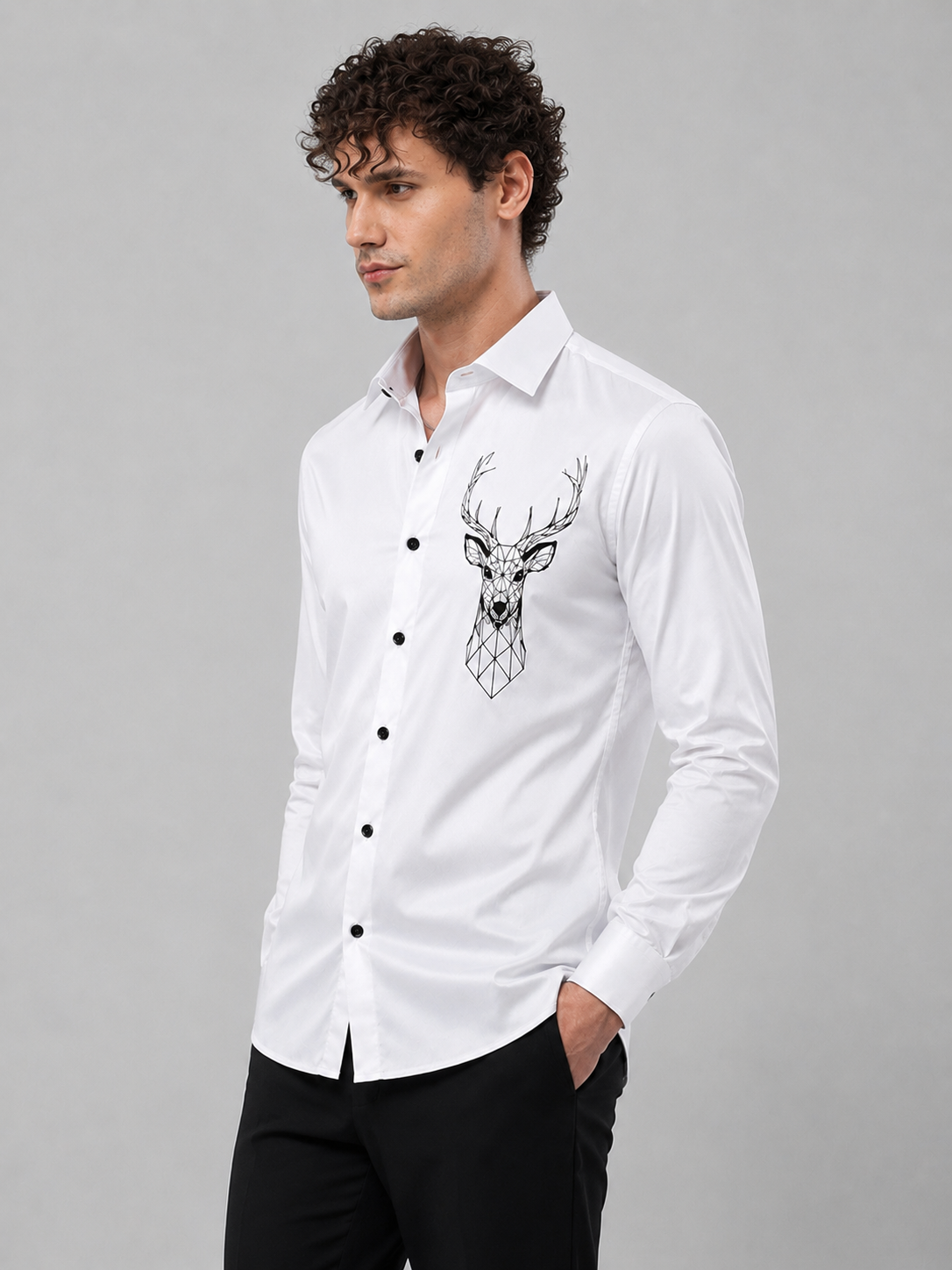Pure White Geometric Deer Premium Cotton Satin Shirt