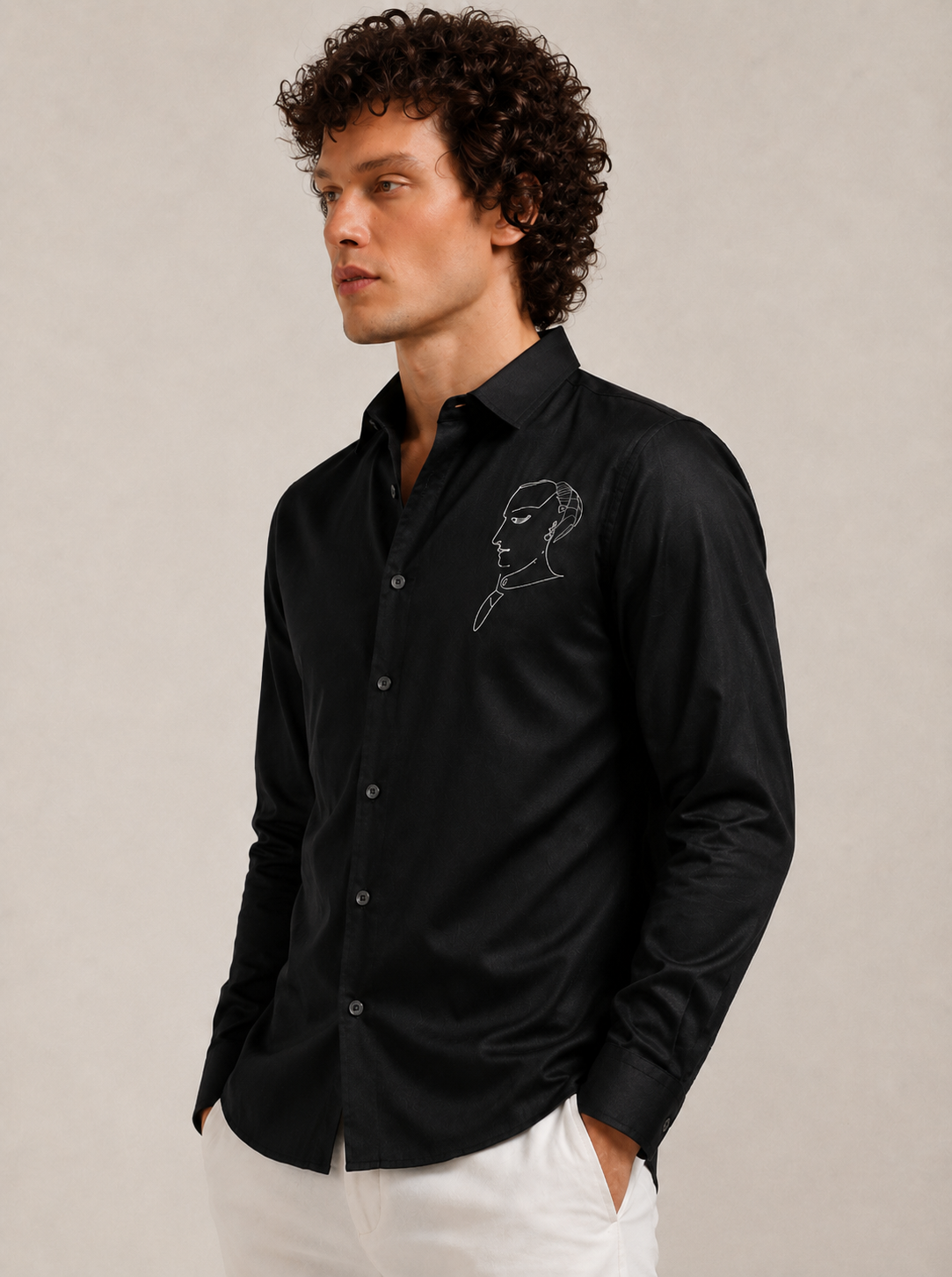 Midnight Black Minimal Face Art Premium Satin Shirt