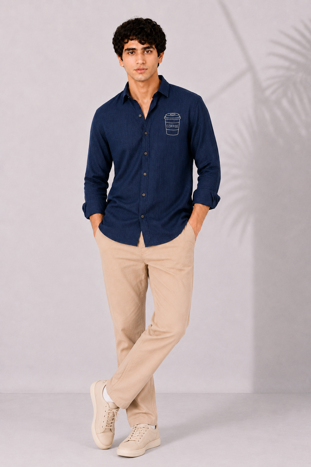 Navy Blue Cotton Shirt with Coffee Cup Embroidery