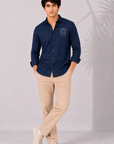 Navy Blue Cotton Shirt with Coffee Cup Embroidery