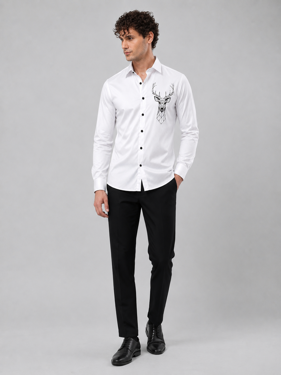 Pure White Geometric Deer Premium Cotton Satin Shirt