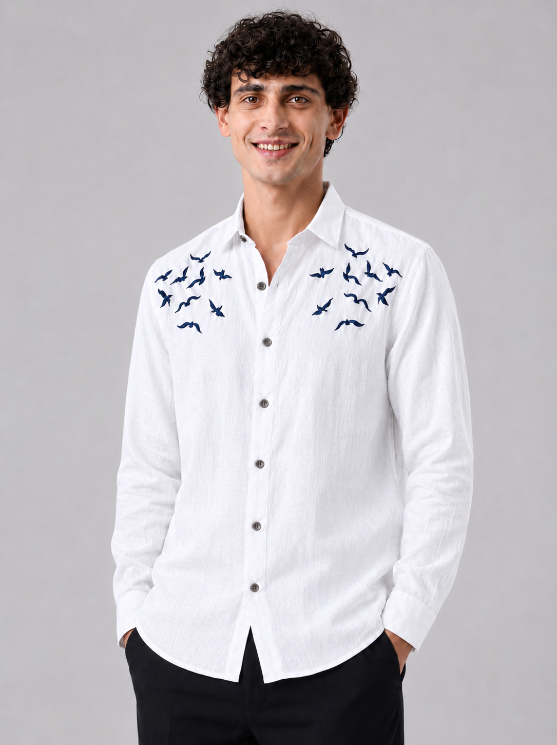 White Bird Embroidered Cotton Casual Shirt