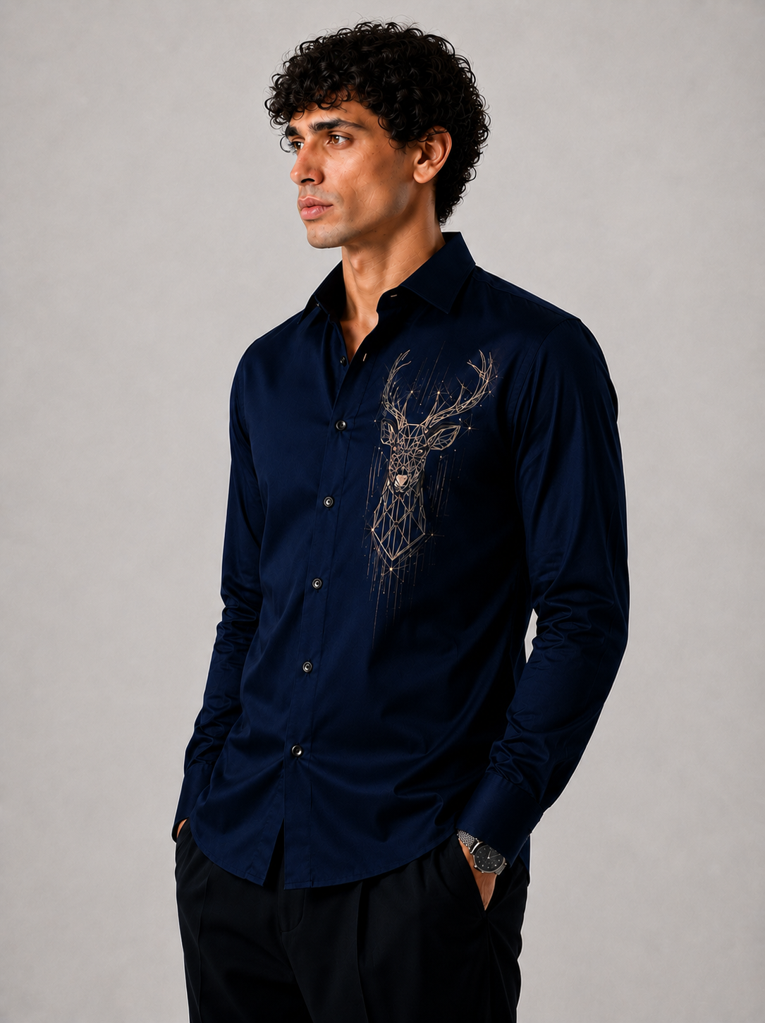 Royal Navy Blue Geometric Deer Art Premium Satin Shirt