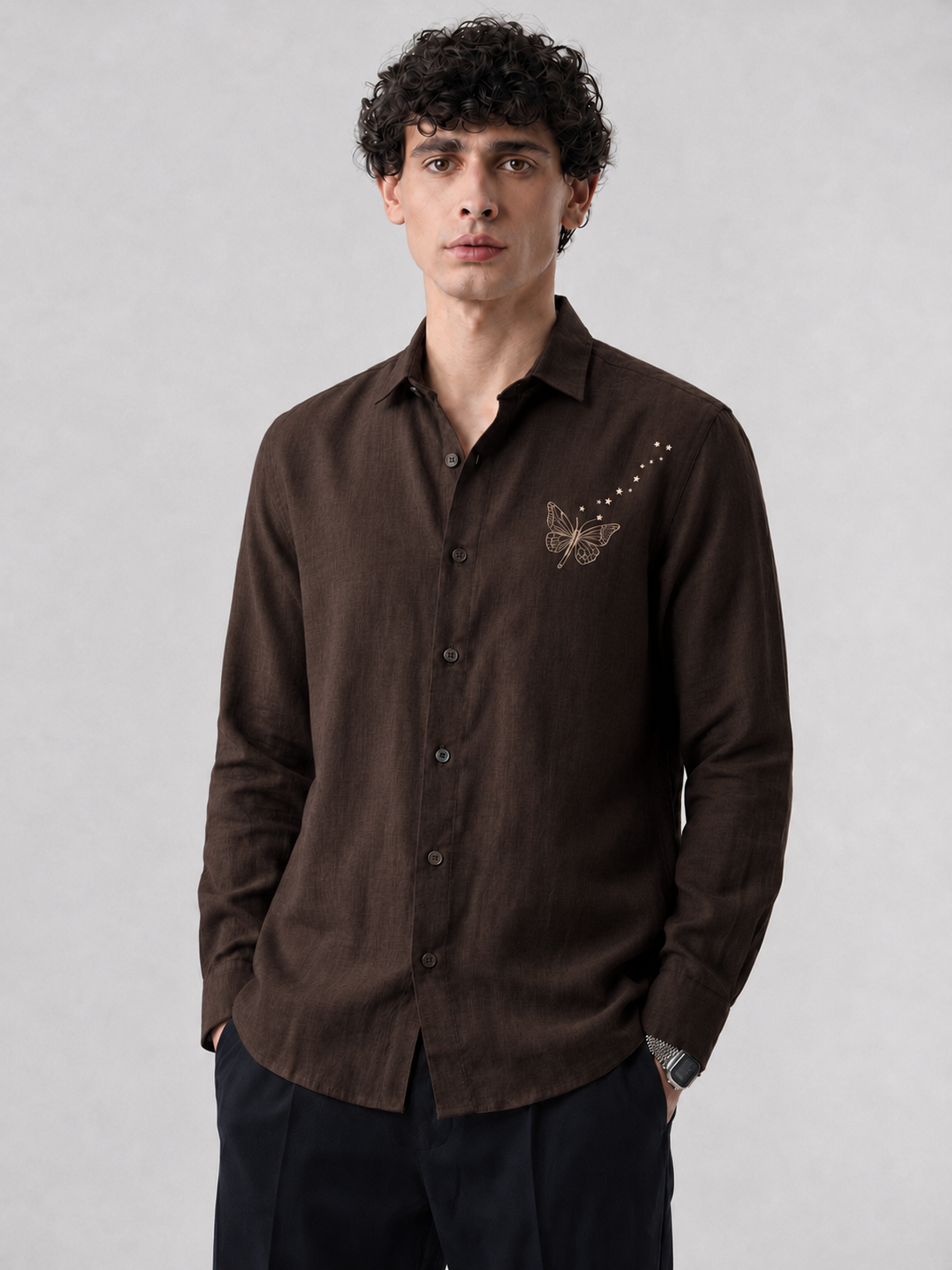 Brown Butterfly Embroidered Cotton Casual Shirt