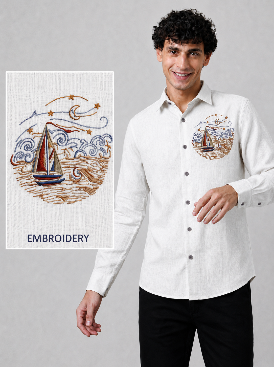 Sailboat &amp; Wave Chest Embroidery Design
