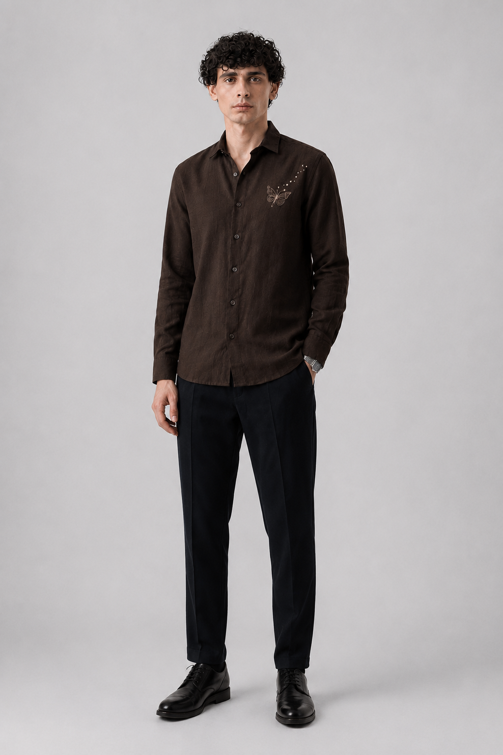 Brown Butterfly Embroidered Cotton Casual Shirt